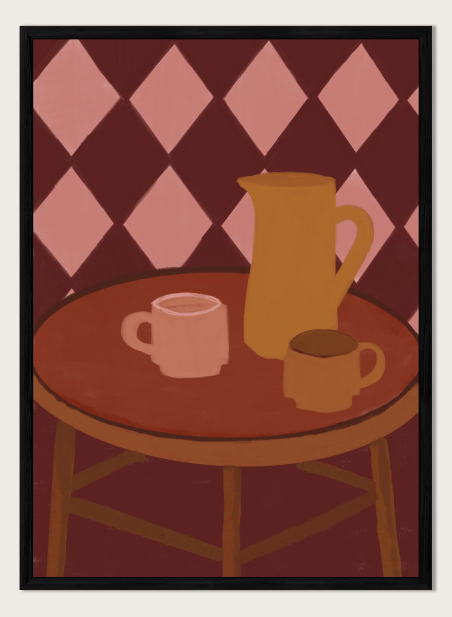 A stylized illustration of a round wooden table with a pink mug, a yellow pitcher, and a small cup against a dark red and pink diamond-patterned background. Retro Coffee Time by The Art Concept warm art print featuring mugs, a pitcher, and a café table in soft retro tones and a diamond pattern background.