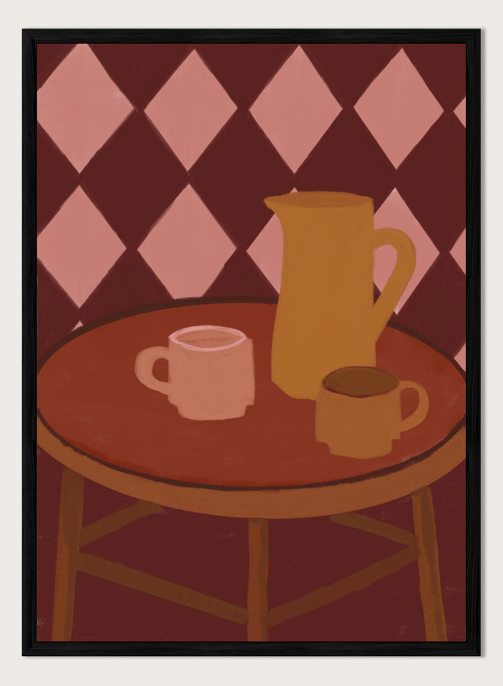 A stylized illustration of a round wooden table with a pink mug, a yellow pitcher, and a small cup against a dark red and pink diamond-patterned background. Retro Coffee Time by The Art Concept warm art print featuring mugs, a pitcher, and a café table in soft retro tones and a diamond pattern background.