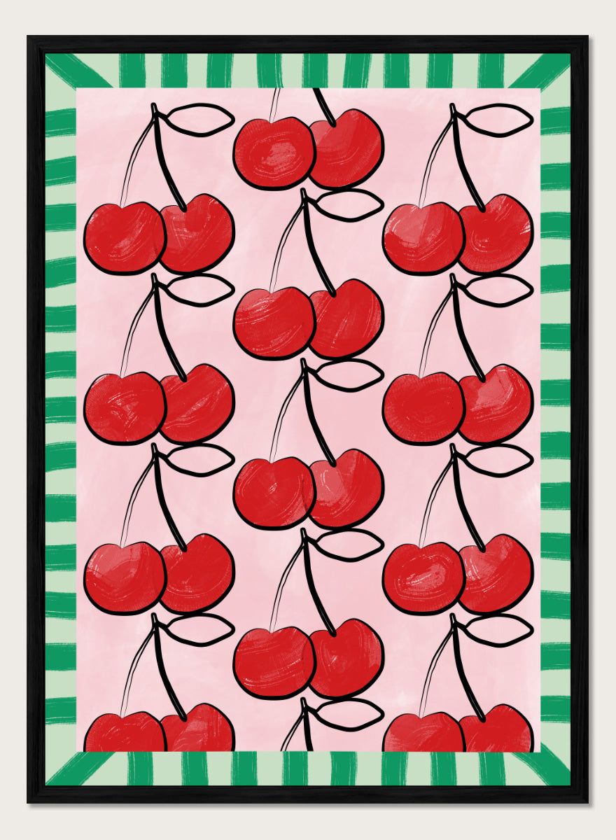 Shop Sweet Cherry Pattern by Elena Ristova, a cherry wall art print poster in red, pink, and green with a playful patterned fruit design.