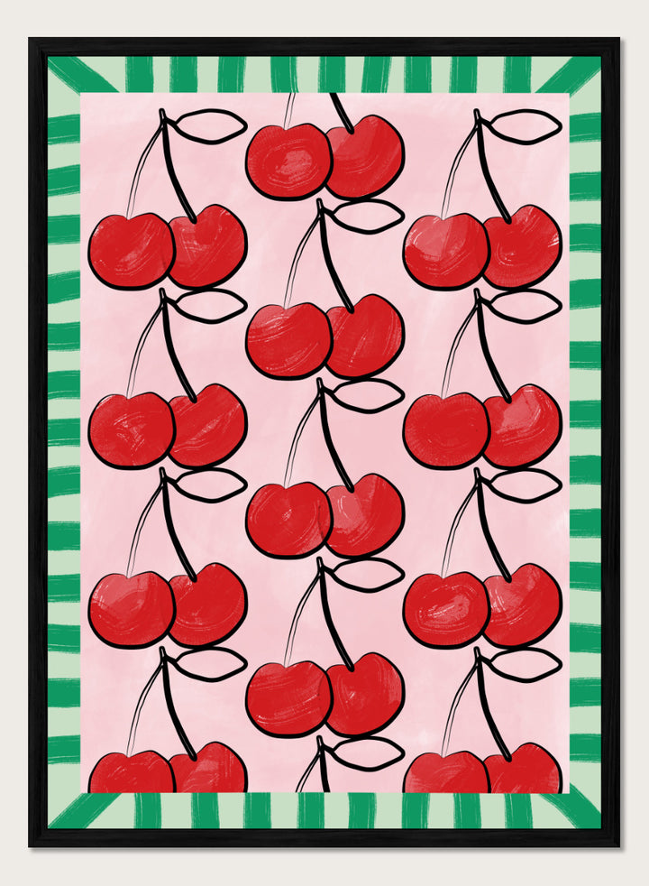 Shop Sweet Cherry Pattern by Elena Ristova, a cherry wall art print poster in red, pink, and green with a playful patterned fruit design.