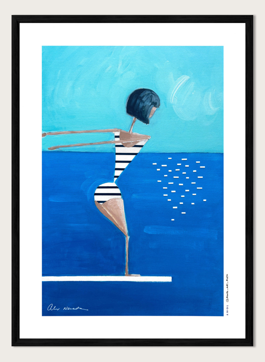 Summer Pool Diver by Awol Art Alex is a playful modern art print featuring a striped swimmer, bright blue water, and retro summer style.