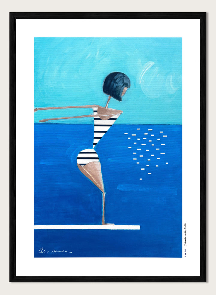 Summer Pool Diver by Awol Art Alex is a playful modern art print featuring a striped swimmer, bright blue water, and retro summer style.