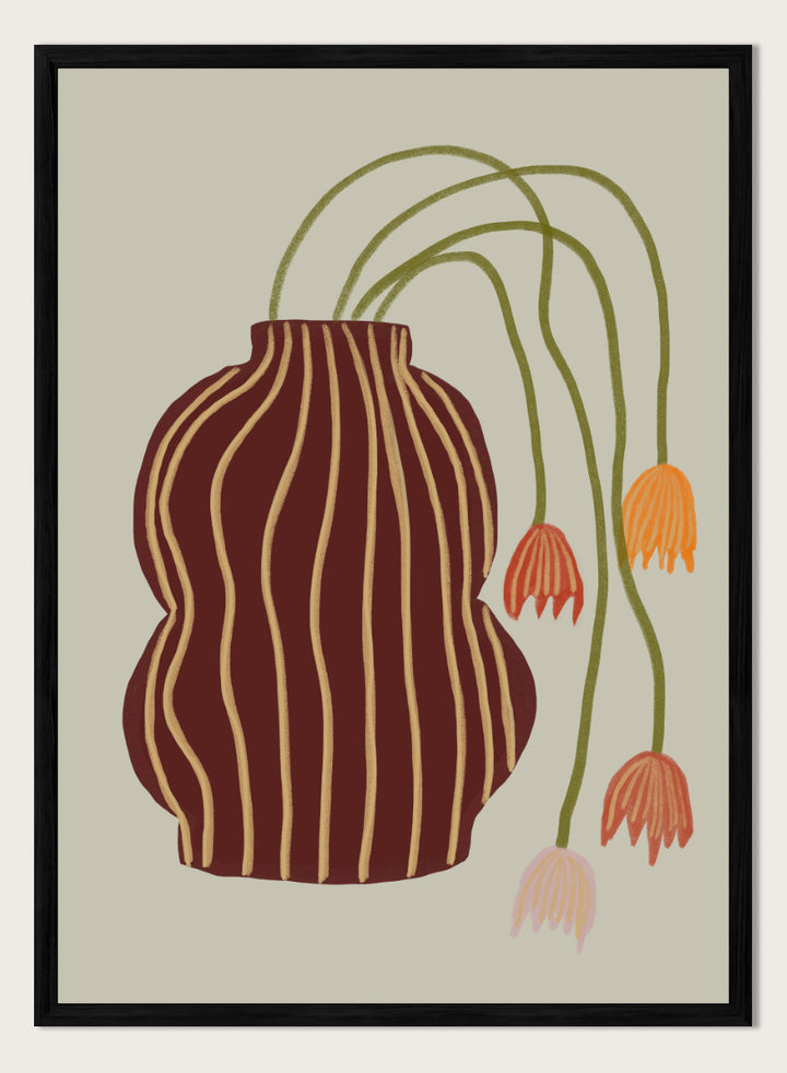 A stylized botanical art print featuring a dark brown vase with vertical gold stripes and several trailing flowers in orange, pink, and olive green on a warm beige background. Striped Vase Drooping Flowers by The Art Concept art print featuring a burgundy striped vase and soft drooping blooms in warm earthy tones.