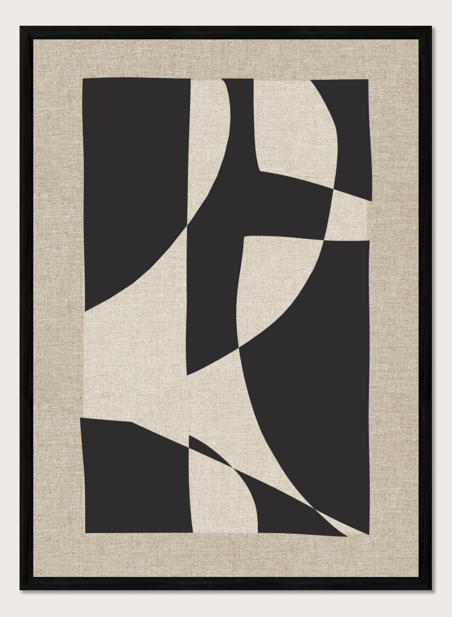Abstract geometric wall art featuring bold black organic shapes over a warm beige linen-textured background. Shop Skära by Dan Hobday, a contemporary abstract wall art print featuring bold black geometric forms, curved shapes, and warm beige textured tones.