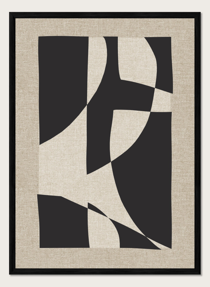 Abstract geometric wall art featuring bold black organic shapes over a warm beige linen-textured background. Shop Skära by Dan Hobday, a contemporary abstract wall art print featuring bold black geometric forms, curved shapes, and warm beige textured tones.