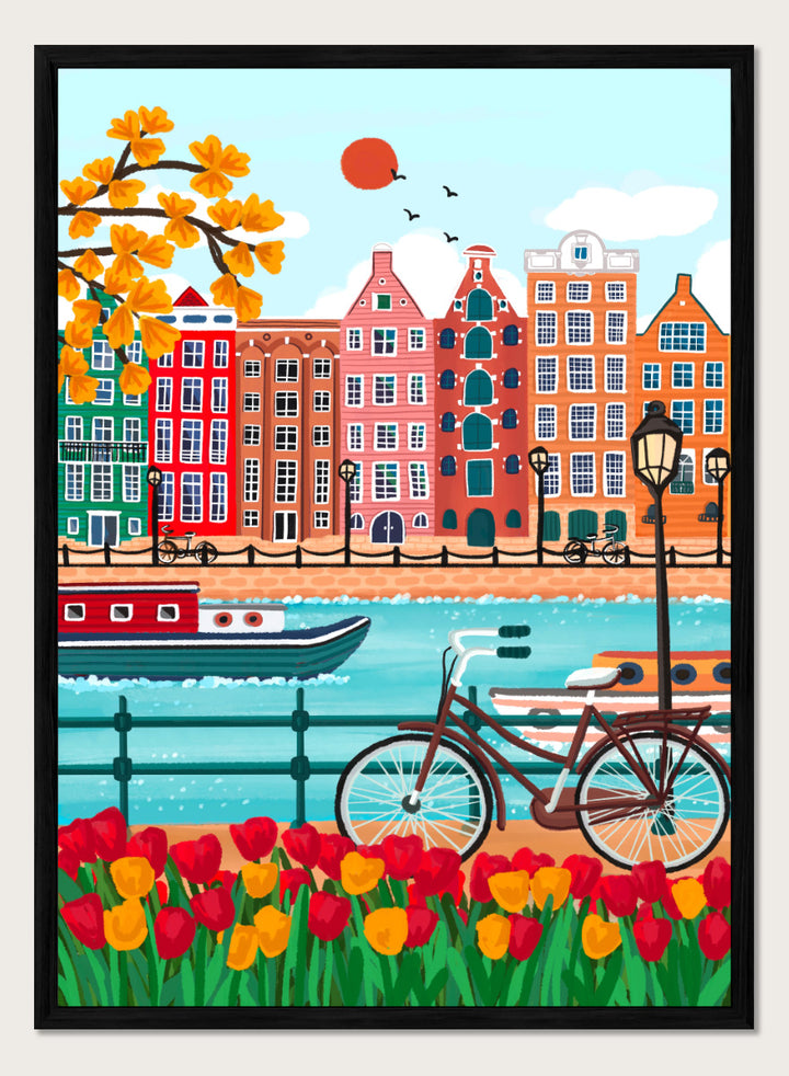 A colorful illustrated city canal scene with row houses, a bicycle, boats, flowers, and a bright sun.  Shop Colorful Amsterdam Canal by Nidhi Kachhadiya, a vibrant Amsterdam wall art print with canal houses, tulips, a bicycle, and colorful city charm.