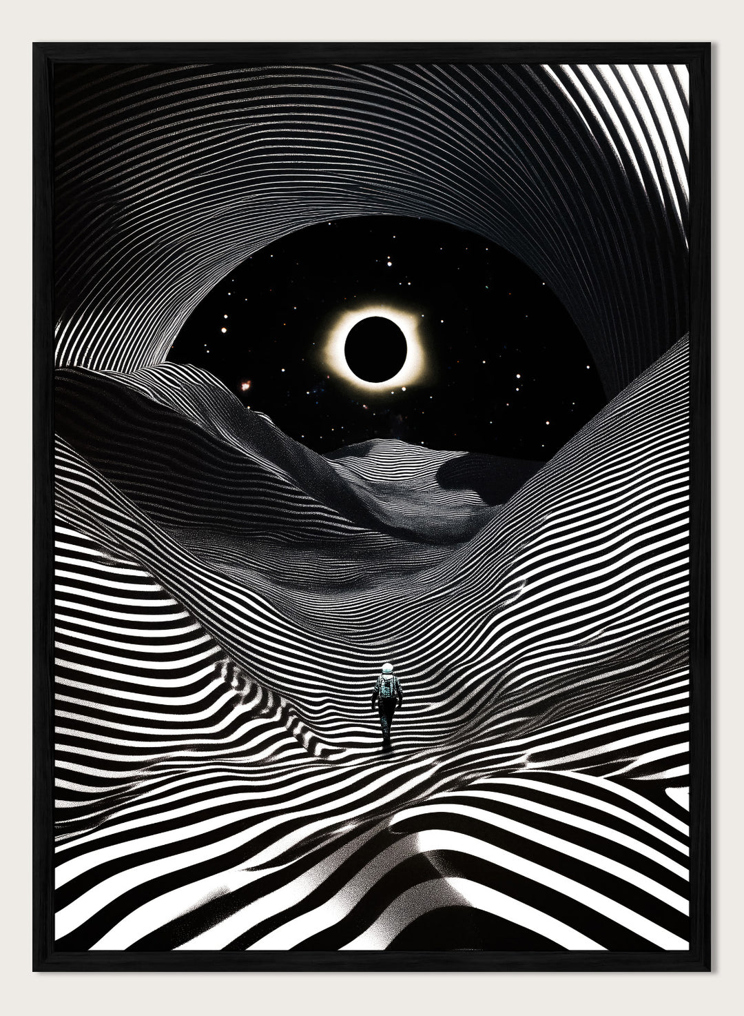 Black and white abstract design with a person standing in a tunnel-like pattern, featuring a celestial body in the center. New Adventures In Foreign Lands by Taudalpoi astronaut eclipse art print with black and white striped landscape and cosmic sky surreal poster.