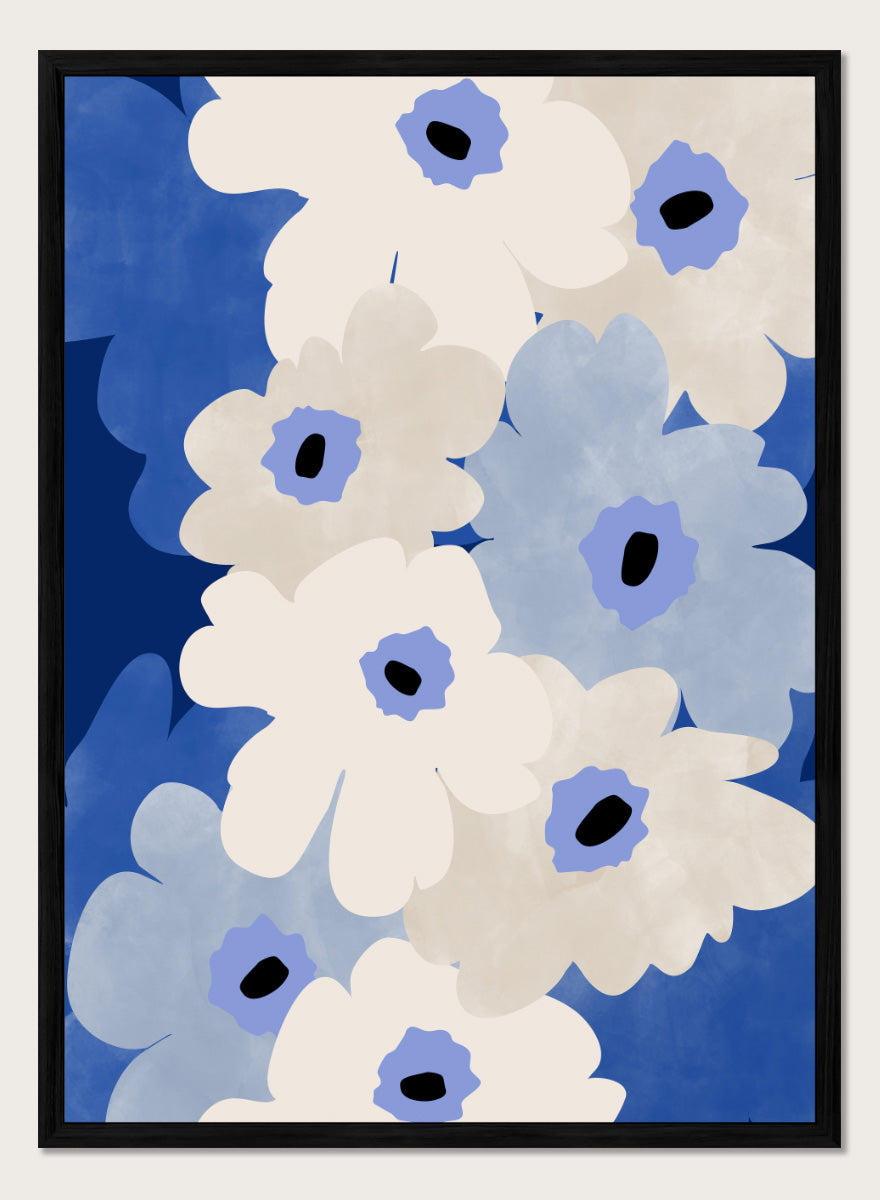 Shop White and Blue Flowers by Elena Ristova, a modern floral wall art print poster featuring oversized cream and blue blooms with bold cobalt and black details.