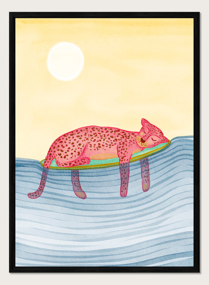 Shop Dreamy Leopard Float by Nikita Jariwala, a playful animal wall art print poster featuring a pink leopard relaxing on a pool float in blue water.