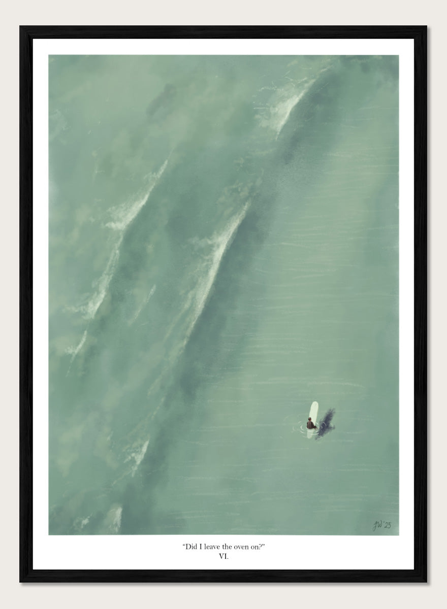 A framed art print featuring a minimalist aerial illustration of a surfer on a large wave, with the caption &
