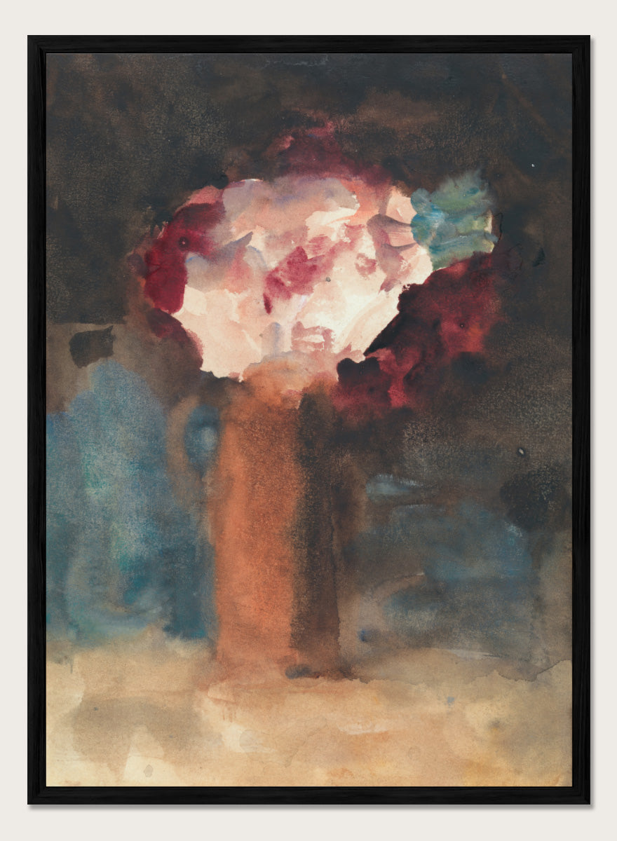 An abstract watercolor painting of a vase with flowers, featuring a warm terracotta-brown vase and a bouquet of white, red, and blue blossoms against a dark, textured background. Roses by Hercules Brabazon Brabazon is a vintage floral art print featuring pink and red roses in a terracotta vase with a dark, moody background.