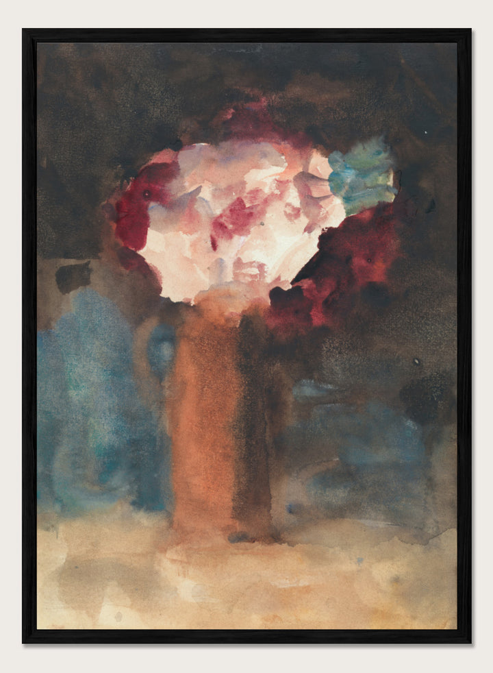 An abstract watercolor painting of a vase with flowers, featuring a warm terracotta-brown vase and a bouquet of white, red, and blue blossoms against a dark, textured background. Roses by Hercules Brabazon Brabazon is a vintage floral art print featuring pink and red roses in a terracotta vase with a dark, moody background.