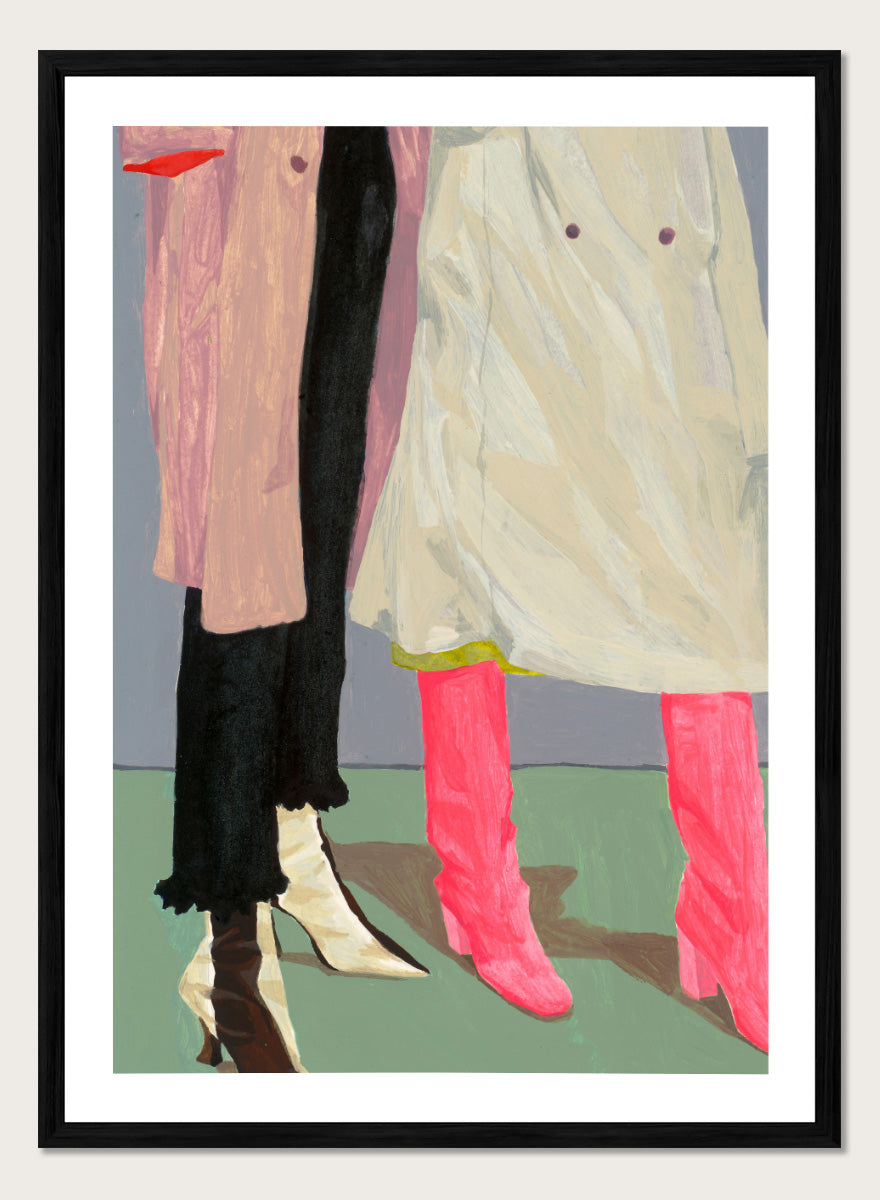 Shop Pink Boots Style by Sophia Novosel, a modern fashion wall art print poster featuring hot pink boots, cream heels, layered coats, and a cropped street-style scene.
