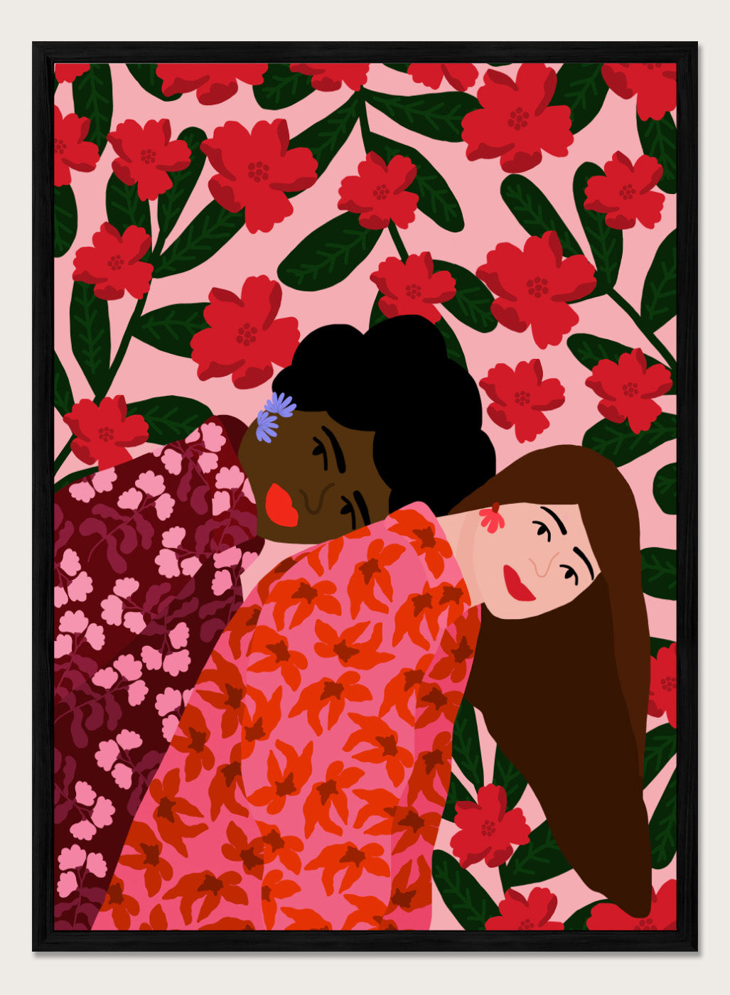 Illustration of two women embracing with a floral pattern in the background. Friendship by Rafaela Mascaro fine art print poster featuring two women embracing, red floral background, modern botanical wall art.