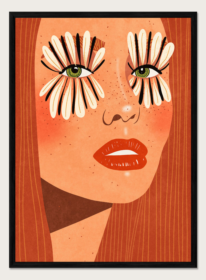 Illustration of a face with flower-like eyes on an orange background. Flower Eyes by Raissa Oltmanns fine art print featuring bold female portrait with floral lashes, modern contemporary wall decor poster.