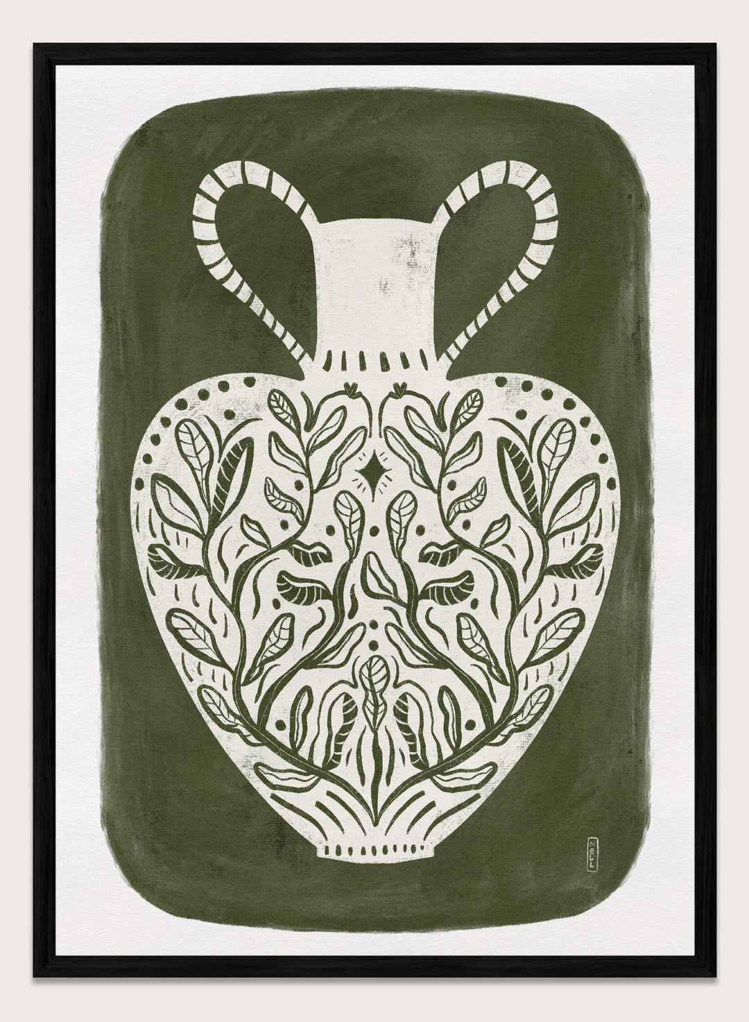 Botanical Folk Vase by Dirkie Nell is a modern folk art print featuring botanical vase illustration, olive green tones, and hand drawn Scandinavian inspired wall art.
