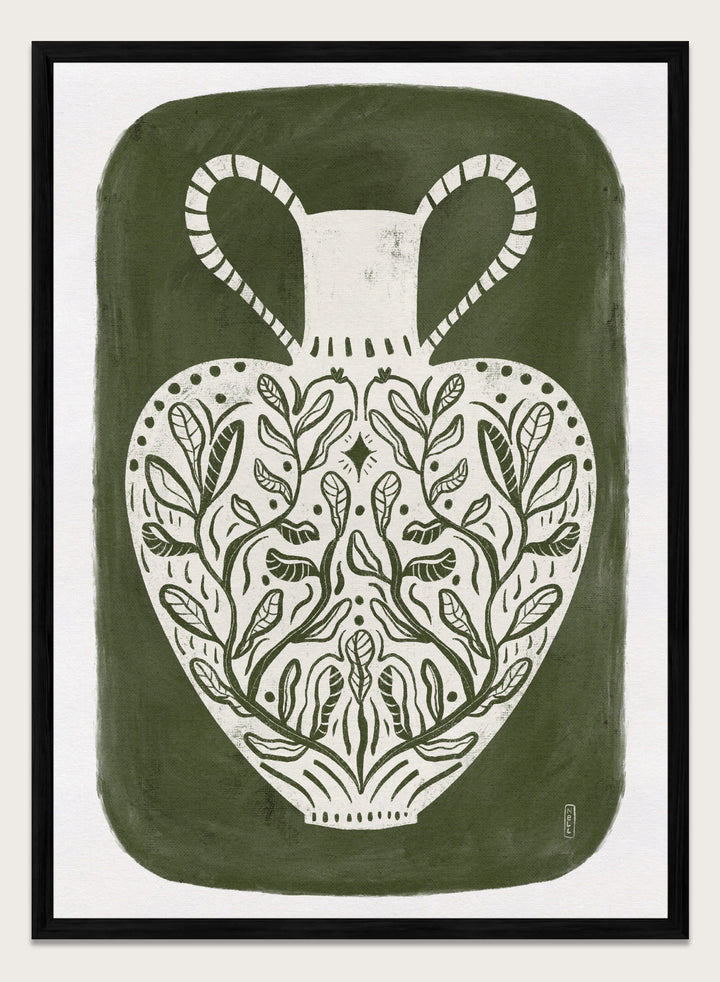 Botanical Folk Vase by Dirkie Nell is a modern folk art print featuring botanical vase illustration, olive green tones, and hand drawn Scandinavian inspired wall art.