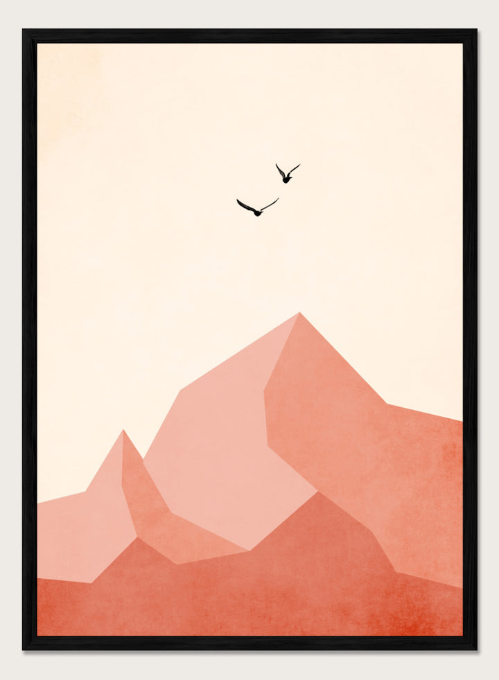 Abstract art print with geometric shapes and minimalistic birds on a beige background. Geometric mountain landscape art print with birds in flight by Kubistika. Warm terracotta illustration with minimalist design. Officially licensed wall poster.
