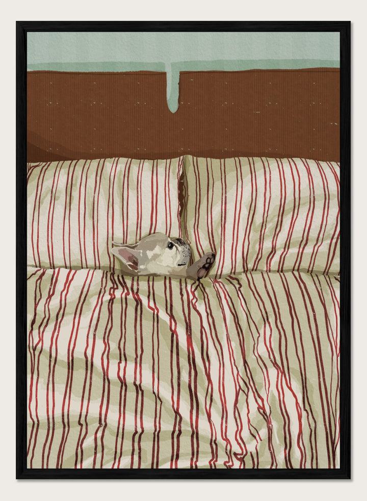 A cozy bed setup with beige and red striped bedding, two matching pillows, and a small gray cat curled up on the duvet. The background features a brown textured headboard and a mint green wall at the top. Shop Cozy Dog in Bed by Lisa Solomoniuk, a playful dog animal art print featuring a pup tucked into striped bedding with a warm, cozy bedroom feel.