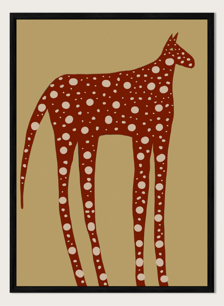 A stylized art print of a giraffe in reddish-brown with white spots, set against a tan background. Spotted Earthy Creature by The Art Concept animal art print featuring a long-legged rust-colored figure with cream spots on a muted tan background.