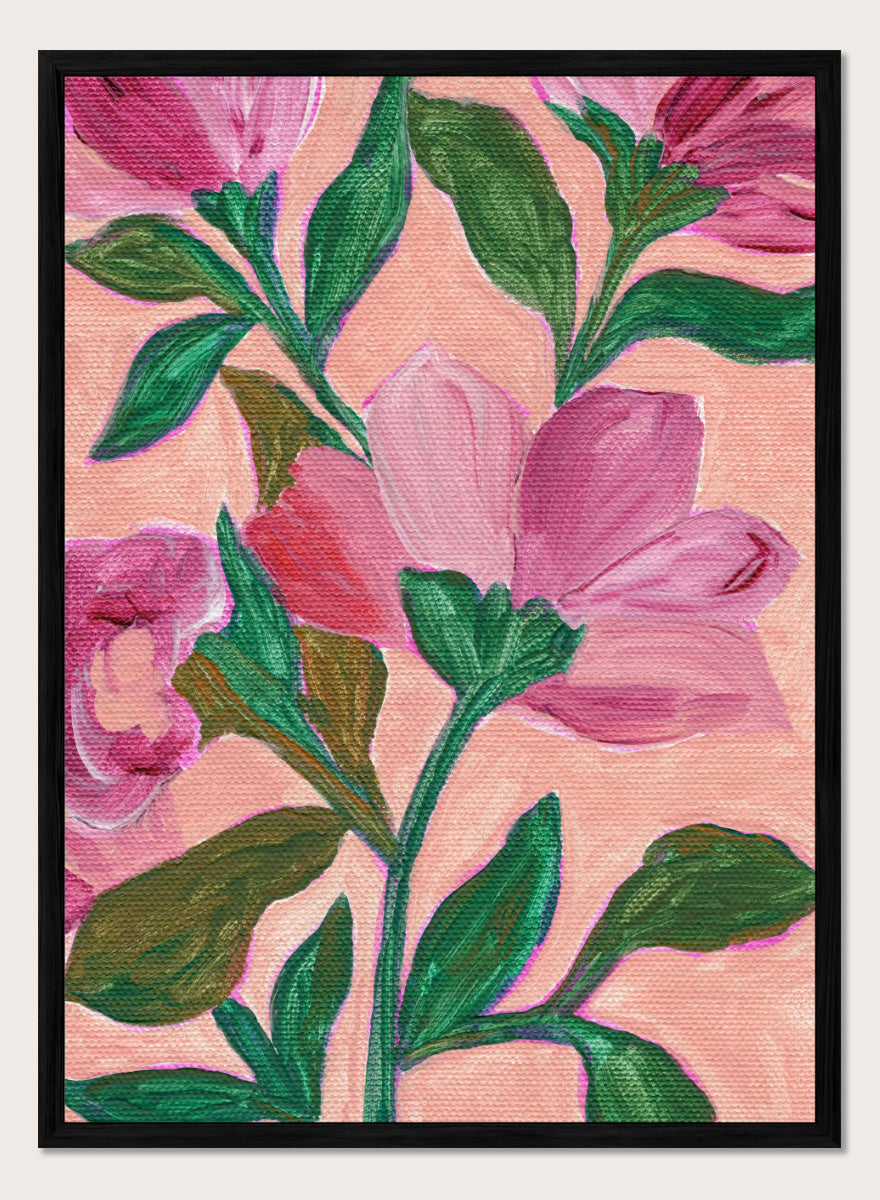 Shop Vibrant Pink Blooms No.2 by Nikita Jariwala, a floral wall art print poster featuring oversized pink flowers and lush modern botanical artwork.