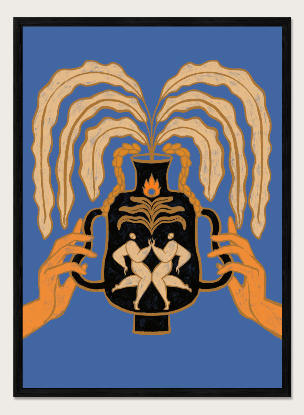 Decorative urn with hands holding it against a blue background. Vessel Collection: Let’s Meet Again by Arty Guava art print, modern vase wall poster with symbolic figures, contemporary blue minimalist illustration.