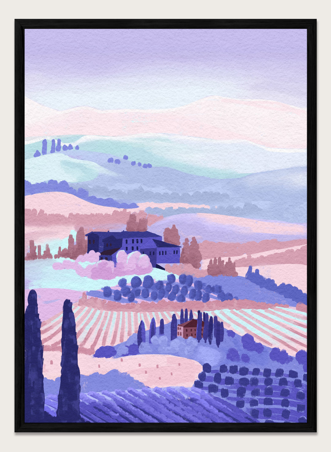 Painting of a landscape with rolling hills, buildings, and cypress trees in pastel colors. Tuscany by Goed Blauw is a landscape art print and wall poster featuring rolling hills, fields, and countryside homes in soft pastel tones.
