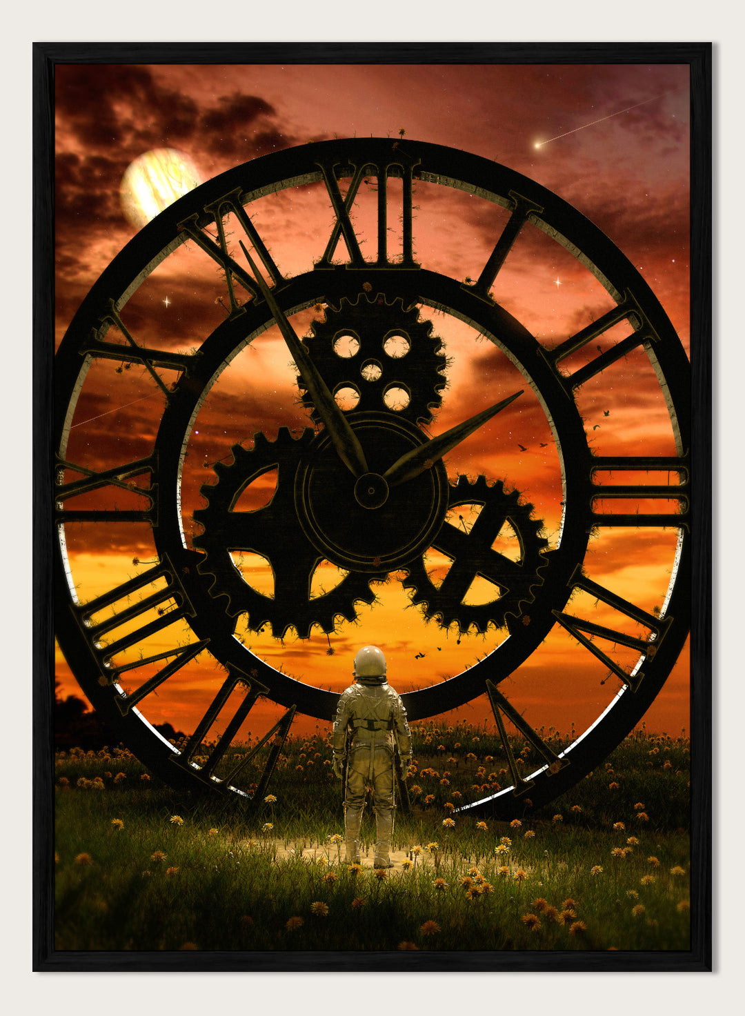 Time Traveler’s Sunset by Nicebleed is a surreal astronaut art print featuring a giant clock, sunset sky, and sci-fi landscape, modern aesthetic poster design.