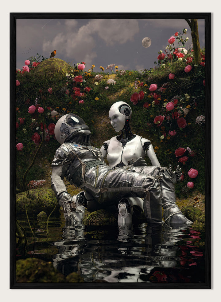 Moonlit Robot Embrace by Nicebleed is a surreal astronaut and android art print with moonlight, water reflection, and floral landscape in modern sci-fi aesthetic.