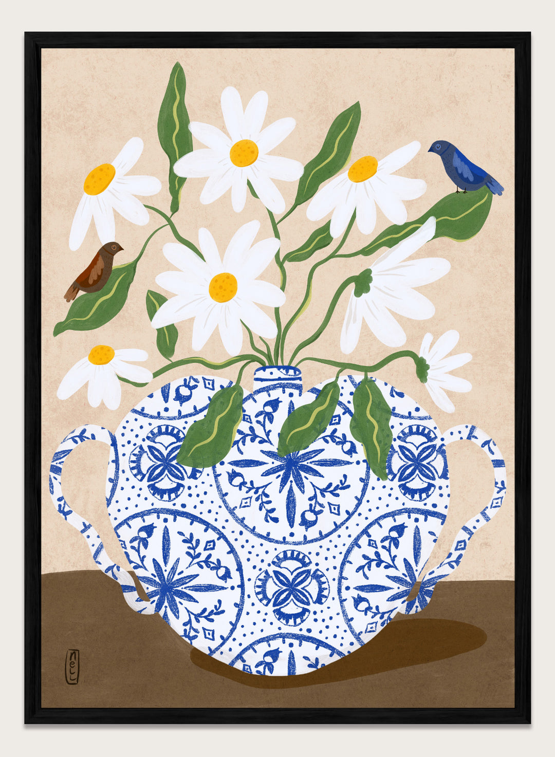 Decorative illustration of a blue and white teapot with daisies and birds on a beige background. Daisies In Blue Teapot by Dirkie Nell is a floral art print featuring white daisies, blue pottery, birds, and hand painted botanical details.