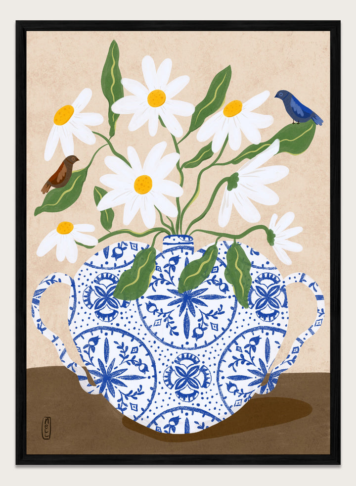 Decorative illustration of a blue and white teapot with daisies and birds on a beige background. Daisies In Blue Teapot by Dirkie Nell is a floral art print featuring white daisies, blue pottery, birds, and hand painted botanical details.