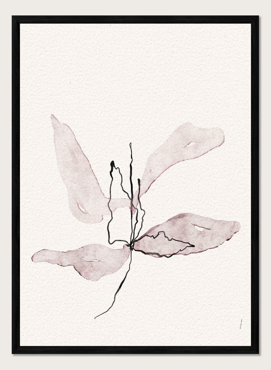 Abstract botanical art print featuring soft watercolor sepia and dusty rose leaf-like shapes with black sketch lines on textured off-white paper. Shop Delicate Botanical Bloom by Ankie Kooi, a modern floral wall art print poster with abstract flower art, minimalist linework, soft pink, cream, and black.
