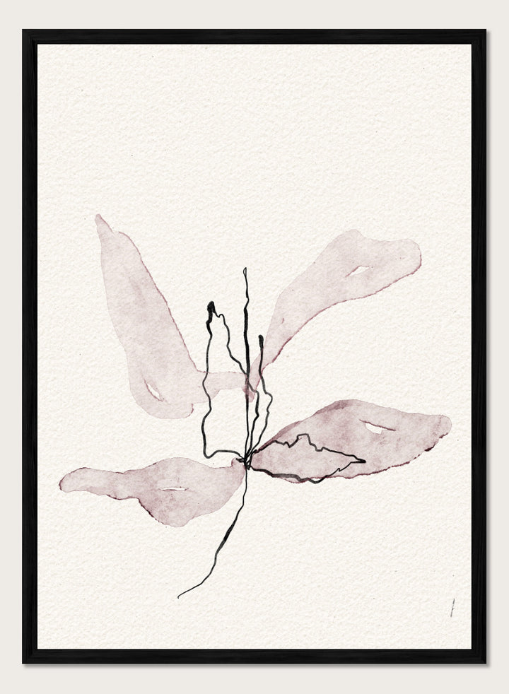 Abstract botanical art print featuring soft watercolor sepia and dusty rose leaf-like shapes with black sketch lines on textured off-white paper. Shop Delicate Botanical Bloom by Ankie Kooi, a modern floral wall art print poster with abstract flower art, minimalist linework, soft pink, cream, and black.
