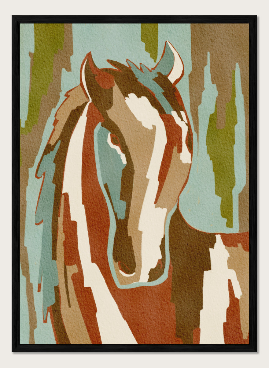 Shop Abstract Horse Portrait by Nikita Jariwala, a modern horse wall art print featuring a stylized equine portrait, bold shapes, and earthy rust, blue, and cream tones.