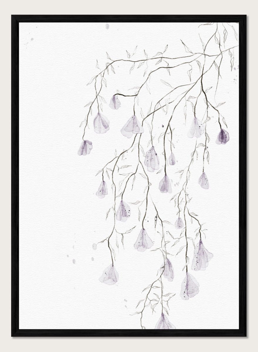 A framed watercolor art print depicting delicate, thin branches with small hanging lavender-purple bell-shaped flowers on a white background. Shop Delicate Lavender Cascade by Ankie Kooi, a floral wall art print poster with hanging lavender flowers, botanical branches, and soft watercolor detail.