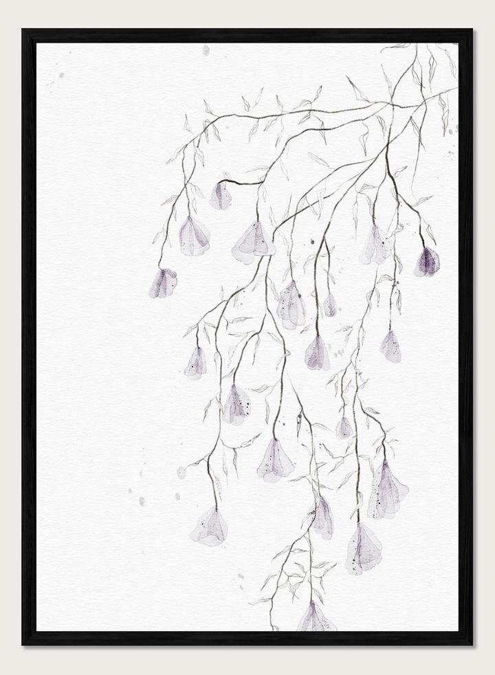 A framed watercolor art print depicting delicate, thin branches with small hanging lavender-purple bell-shaped flowers on a white background. Shop Delicate Lavender Cascade by Ankie Kooi, a floral wall art print poster with hanging lavender flowers, botanical branches, and soft watercolor detail.