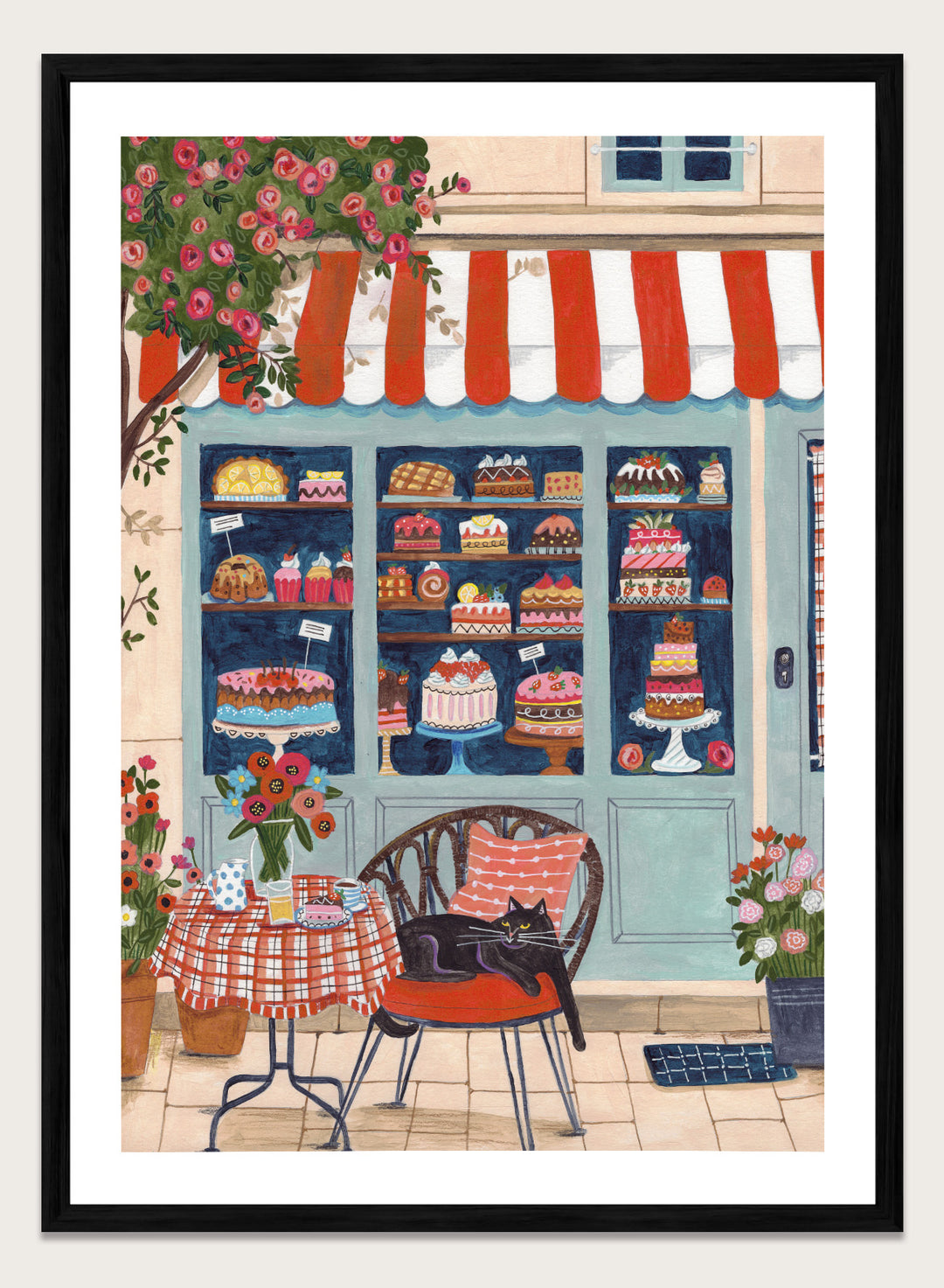 Illustration of a bakery with a cat sitting on a chair outside. Bakery Cat Cafe by Caroline Bonne Müller is a colorful bakery art print featuring cat illustration, pastry shop window, floral details, and modern aesthetic cafe scene.