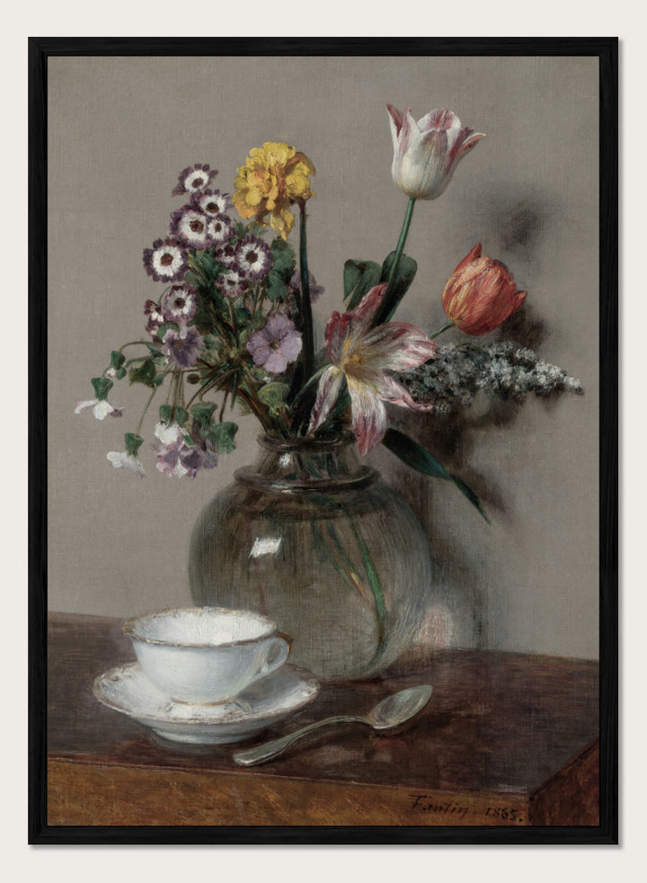 Shop Still Life with a Cup of Coffee by Henri Fantin-Latour, a vintage floral wall art print poster featuring a coffee cup and bouquet in soft brown tones.