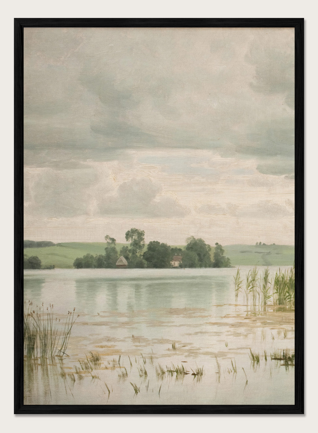 Featuring the original Vilhelm Groth's Artwork Esrom sø (Esrum Lake), this dark moody European vintage neutral autumn river lake landscape oil painting wall art print showcases a classic rustic moody antique style that is perfect for any boho or modern farmhouse space with muted or neutral fall colors. 