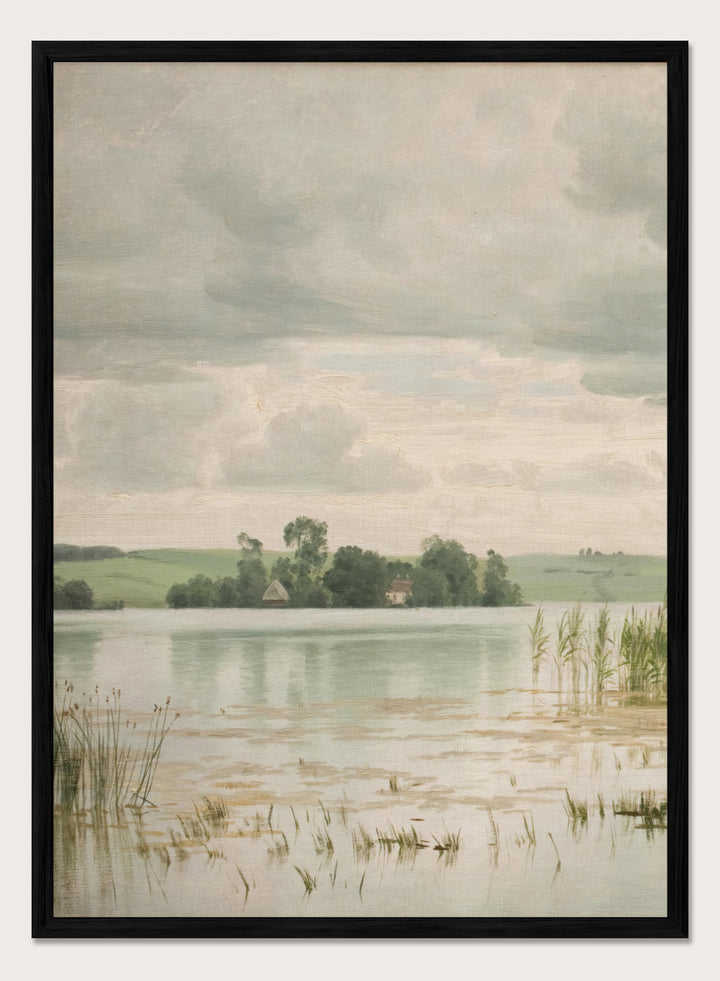 Featuring the original Vilhelm Groth's Artwork Esrom sø (Esrum Lake), this dark moody European vintage neutral autumn river lake landscape oil painting wall art print showcases a classic rustic moody antique style that is perfect for any boho or modern farmhouse space with muted or neutral fall colors. 