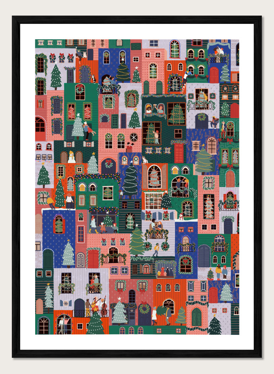 Shop Festive Christmas Town by Ceyda Alasar, a colorful Christmas wall art print poster featuring a lively holiday town filled with decorated homes and festive scenes.