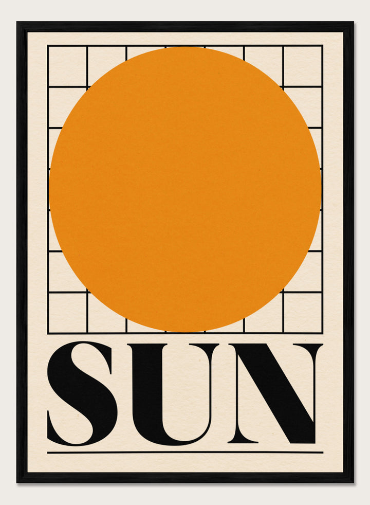 Poster with a large orange circle and the word 'SUN' on a beige background. Sun by Rosi Feist is a bold minimalist Bauhaus-inspired art print featuring an orange circle and graphic grid. Officially licensed modern poster with framing.