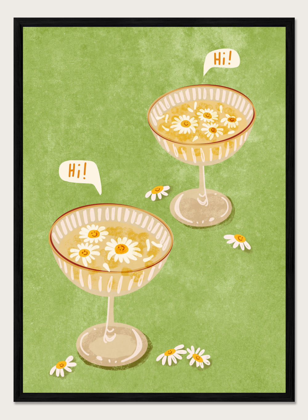 Illustration of two cocktail glasses with daisies on a green background. Hi by Raissa Oltmanns is a modern cocktail art print featuring smiling daisy drinks in playful contemporary wall poster style.