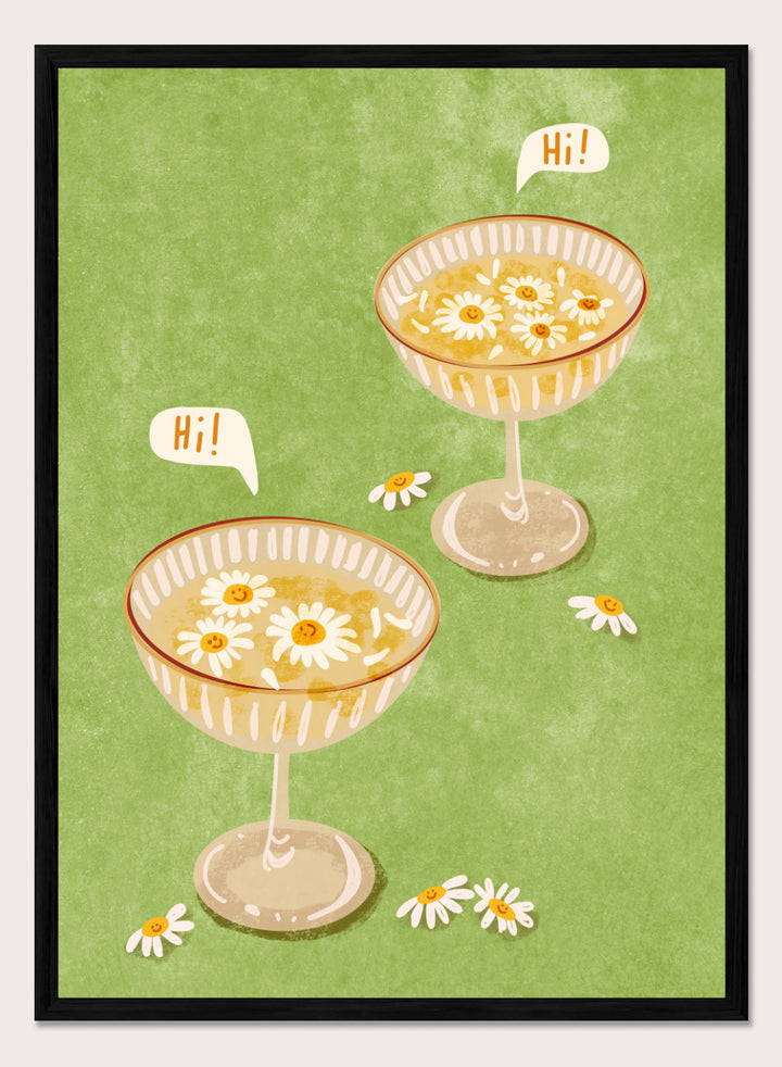 Illustration of two cocktail glasses with daisies on a green background. Hi by Raissa Oltmanns is a modern cocktail art print featuring smiling daisy drinks in playful contemporary wall poster style.