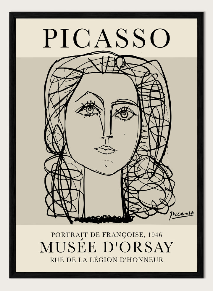 Inspired by Pablo Picasso's original line drawing artwork, this signed lithograph wall art print showcases a portrait of Francoise Gilot 1946 (Portrait de Françoise) in one line art against a white background. This vintage museum exhibition poster by Musee D'orsay is perfect for any boho, retro, or minimalist space.