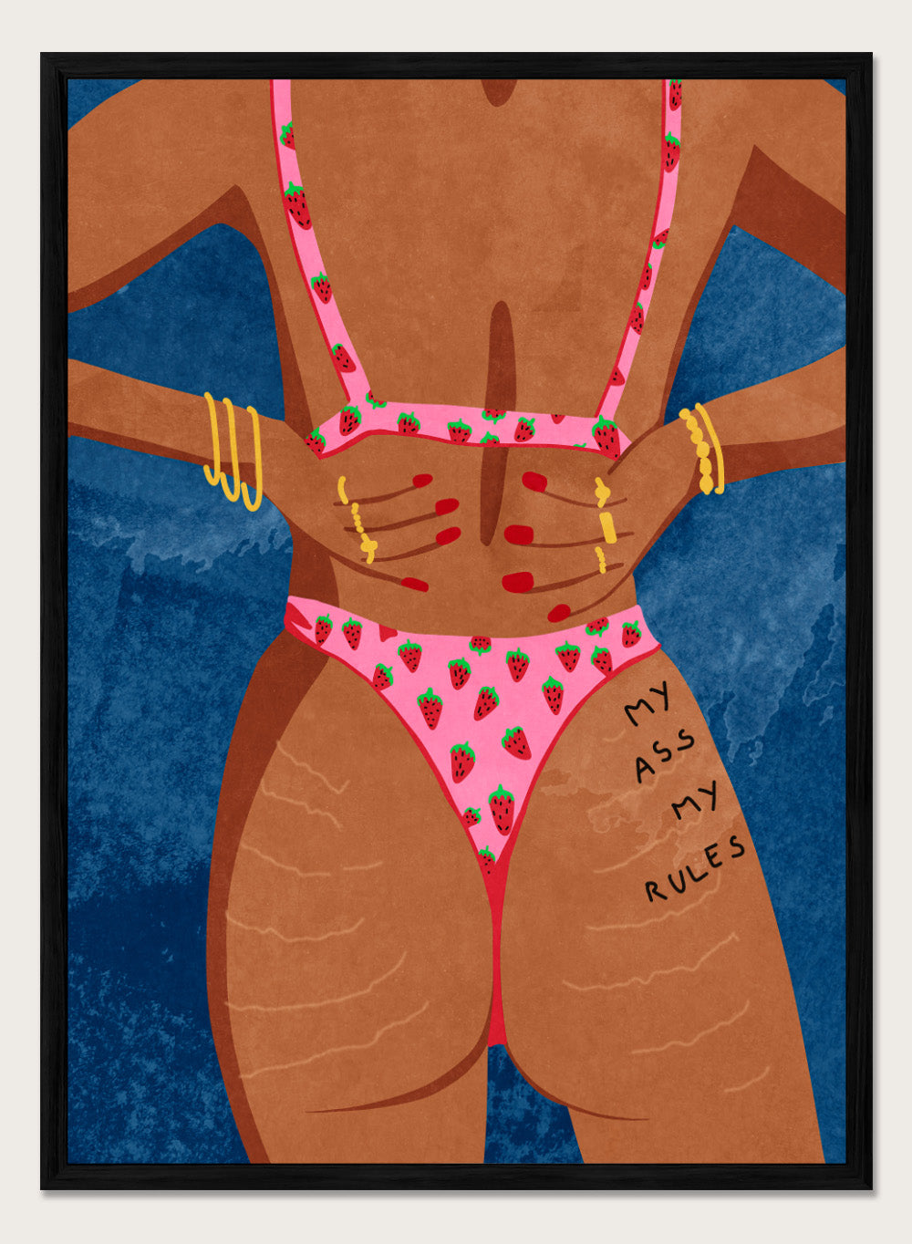 Illustration of a person wearing a pink bikini with strawberry pattern against a blue background. My Ass My Rules by Raissa Oltmanns is a modern woman portrait art print featuring a bold bikini illustration and confident statement wall poster.