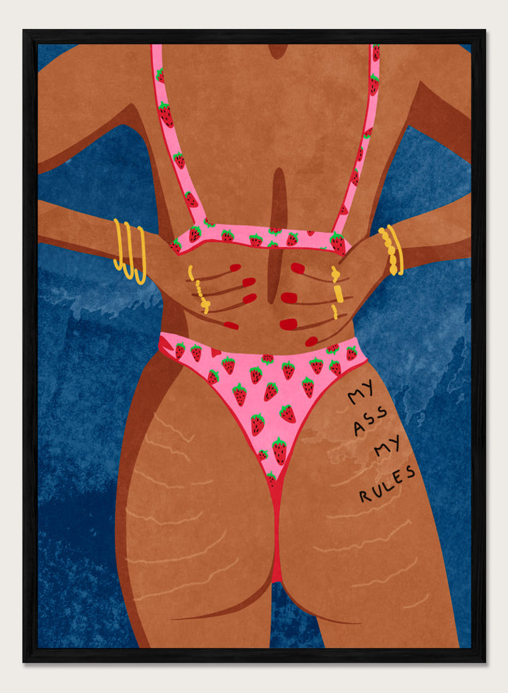 Illustration of a person wearing a pink bikini with strawberry pattern against a blue background. My Ass My Rules by Raissa Oltmanns is a modern woman portrait art print featuring a bold bikini illustration and confident statement wall poster.