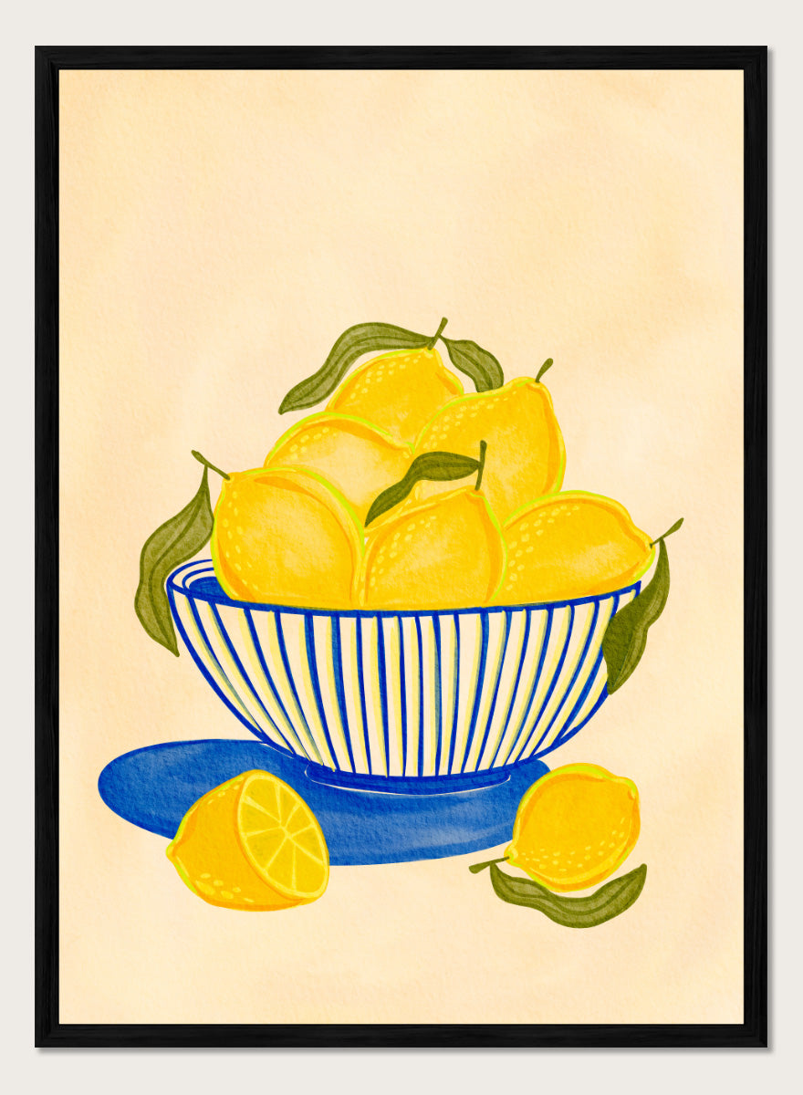 A stylized still life illustration of yellow lemons in a blue-and-white striped bowl with green leaves. Shop Fresh Lemon Bowl by Nikita Jariwala, a kitchen wall art print poster featuring bright yellow lemons, a blue striped bowl, green leaves, and citrus still life.