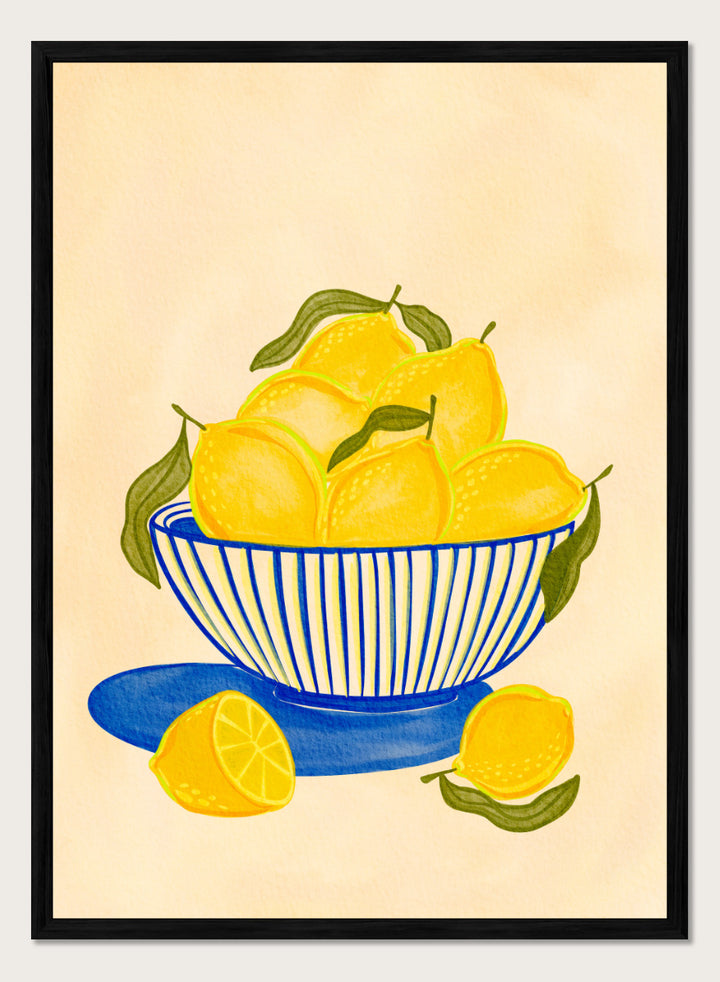 A stylized still life illustration of yellow lemons in a blue-and-white striped bowl with green leaves. Shop Fresh Lemon Bowl by Nikita Jariwala, a kitchen wall art print poster featuring bright yellow lemons, a blue striped bowl, green leaves, and citrus still life.