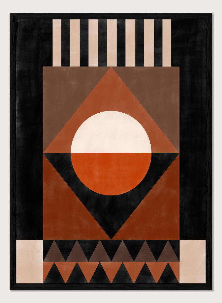 Shop Geometric Earth Tones by Elena Ristova, a modern abstract wall art print poster with bold geometric shapes in orange, cream, brown, and black.